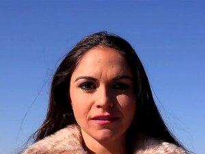 Euro brunette flashing in public for cash