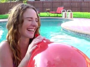 Cuties Blows To Pop Balloons Outside By Pool Porn